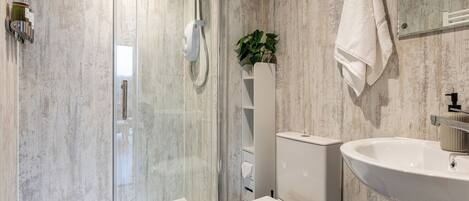 A modern bathroom with a glass shower enclosure, a white toilet, and a sink with a mirror above it.
