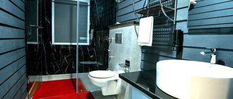 Shower, towels, soap, shampoo