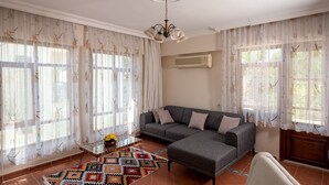 A living room with a grey sofa, a patterned rug, and a chair.