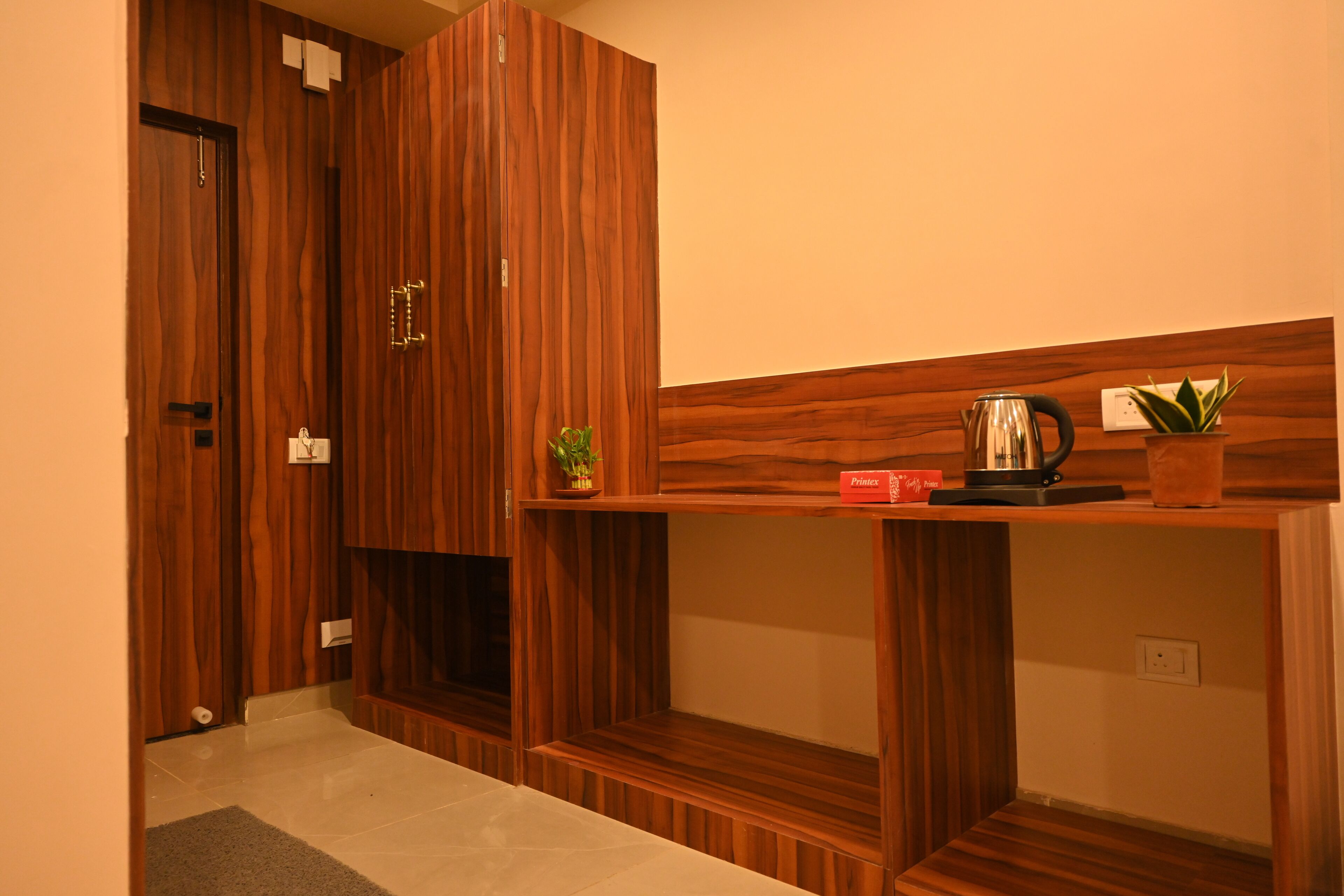 A room with a wooden wardrobe, a shelf with a kettle, a small plant, and a red box.