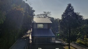 Un edificio japonés tradicional con tejado de tejas, rodeado de vegetación exuberante y un cielo despejado.