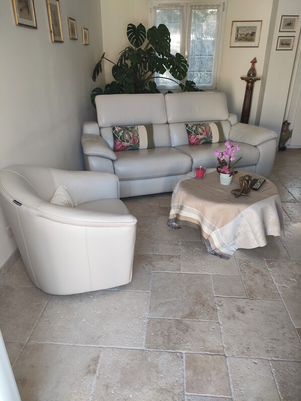 A living room with a sofa, a coffee table, and a large plant. - Quiet air-conditioned house 4 pers. SWIMMING POOL with salt at 15mn c.v. (Saint-Rémy-de-Provence)