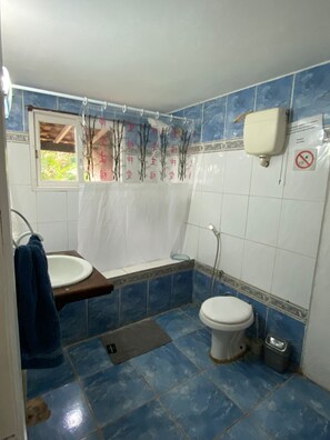 Klassiek huis, terras, uitzicht op zee | Badkamer | Een douche, handdoeken, zeep, toiletpapier