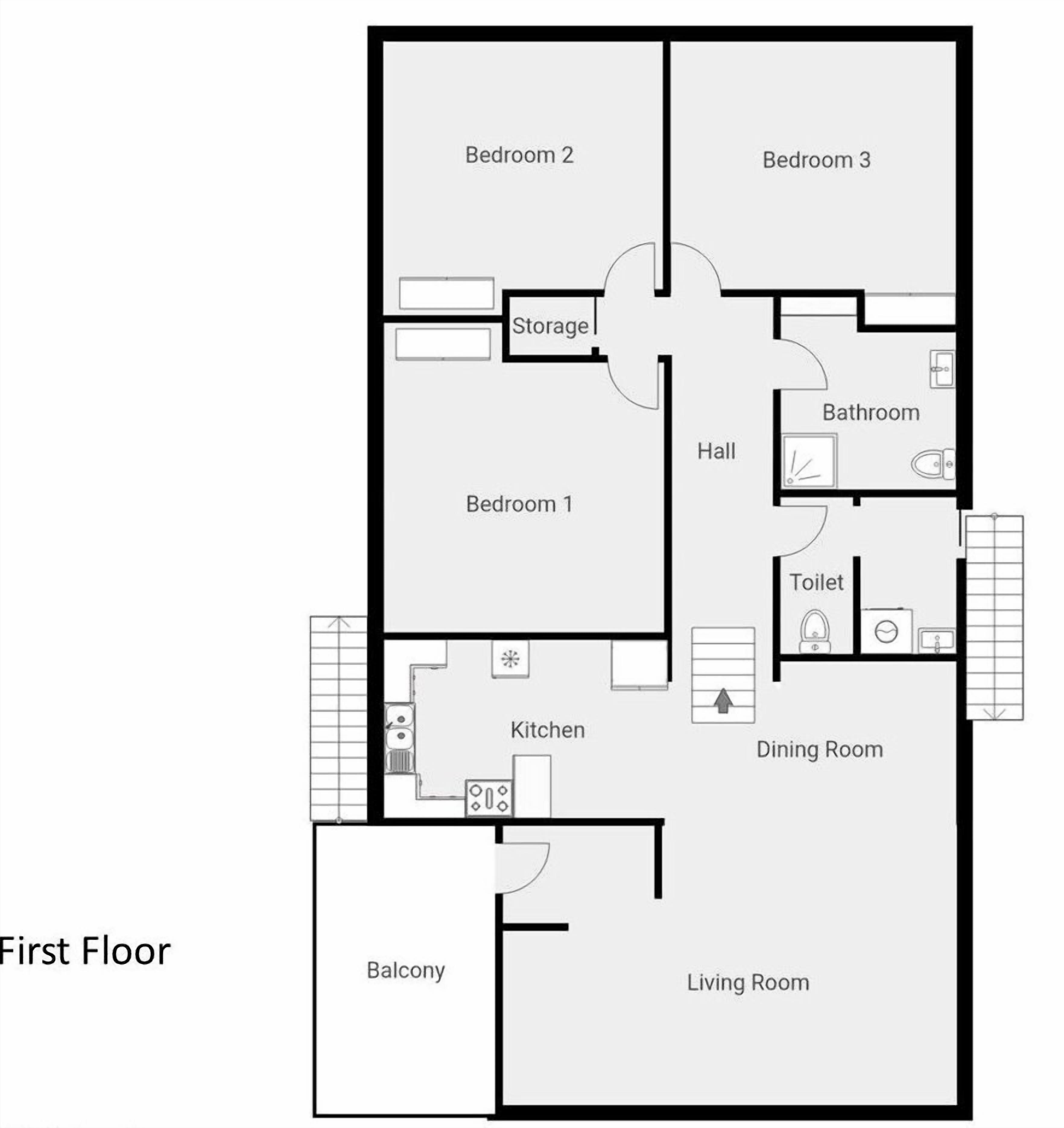 Un plan d’étage du premier étage comprenant un balcon, un salon, une cuisine, une salle à manger, trois chambres, une salle de bain, un espace de rangement et un hall d’entrée.