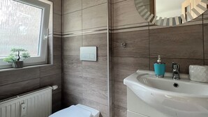 A modern bathroom with a toilet, sink, and mirror. - Apartments Badallee 4, Bad Schandau, apartment no. 8, 50m2 (Bad Schandau)