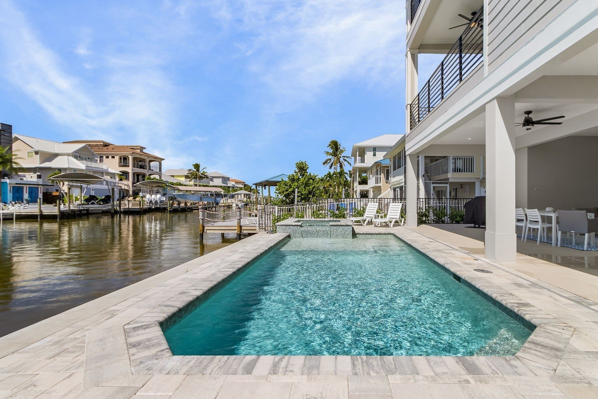A swimming pool with a view of a marina and buildings.
