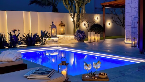 Ein Poolbereich mit blau beleuchtetem Rand, Liegestühlen, einer Zeitschrift und dekorativen Laternen.