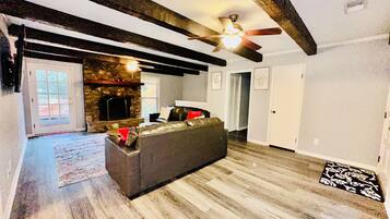 Smart TV, fireplace, foosball