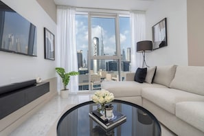 Apartment, 1 Bedroom, Accessible, Smoking | Living room - Smart and Stylish Apartment With Beautiful Views of the Burj Khalifa Down Town! (Dubai)