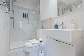 Sèche-cheveux, serviettes fournies, savon, papier toilette