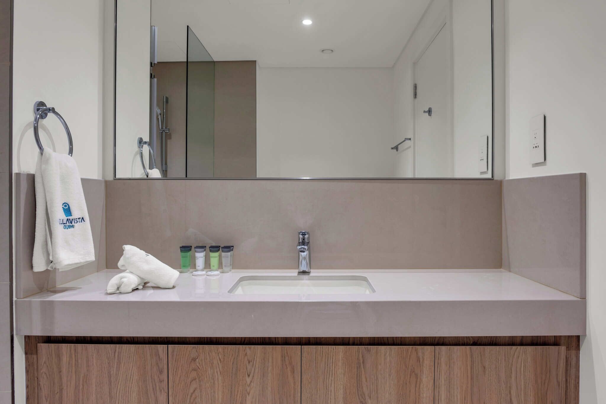 Un bagno moderno con uno specchio grande, un lavandino e un porta asciugamani.