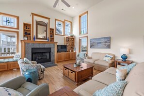 Smart TV, fireplace, DVD player, foosball