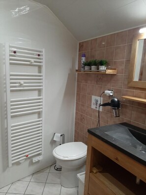 Een badkamer met een witte radiator, toilet, wastafel met een zwart aanrechtblad en een spiegel boven de wastafel.