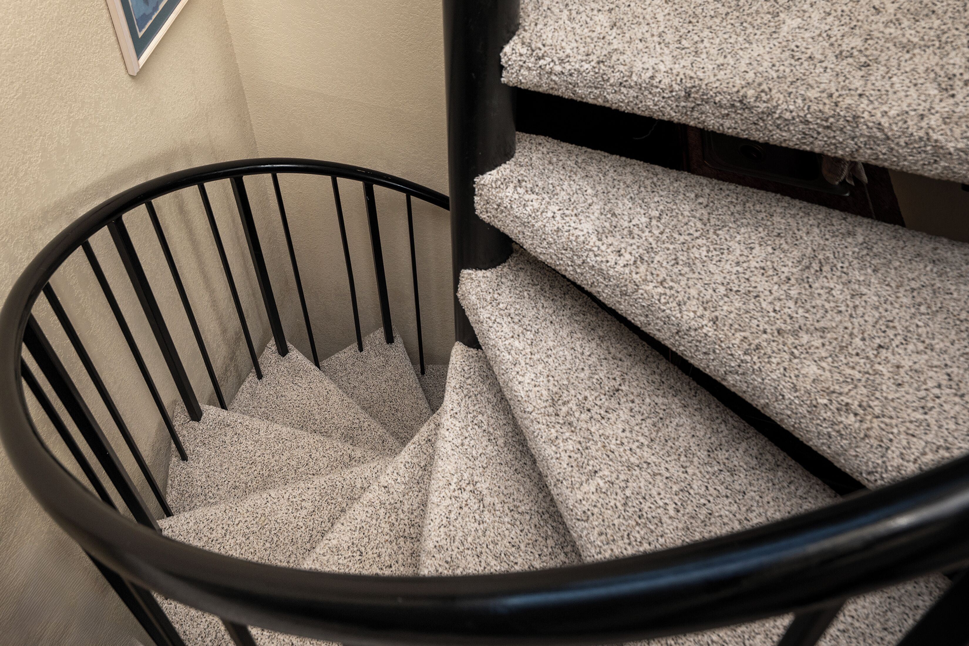 A spiral staircase with carpeted steps and a black metal railing.
