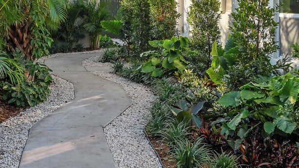 A concrete pathway leading to a building surrounded by lush greenery and large trees. - Spacious, Bright Condo-Victoria Park Near Beach (Fort Lauderdale)