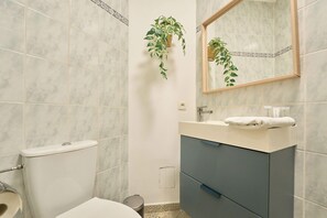 Shower, hair dryer, towels, toilet paper