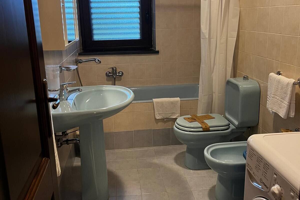 Un baño con lavamanos, inodoro, bidé, bañera y lavadora.