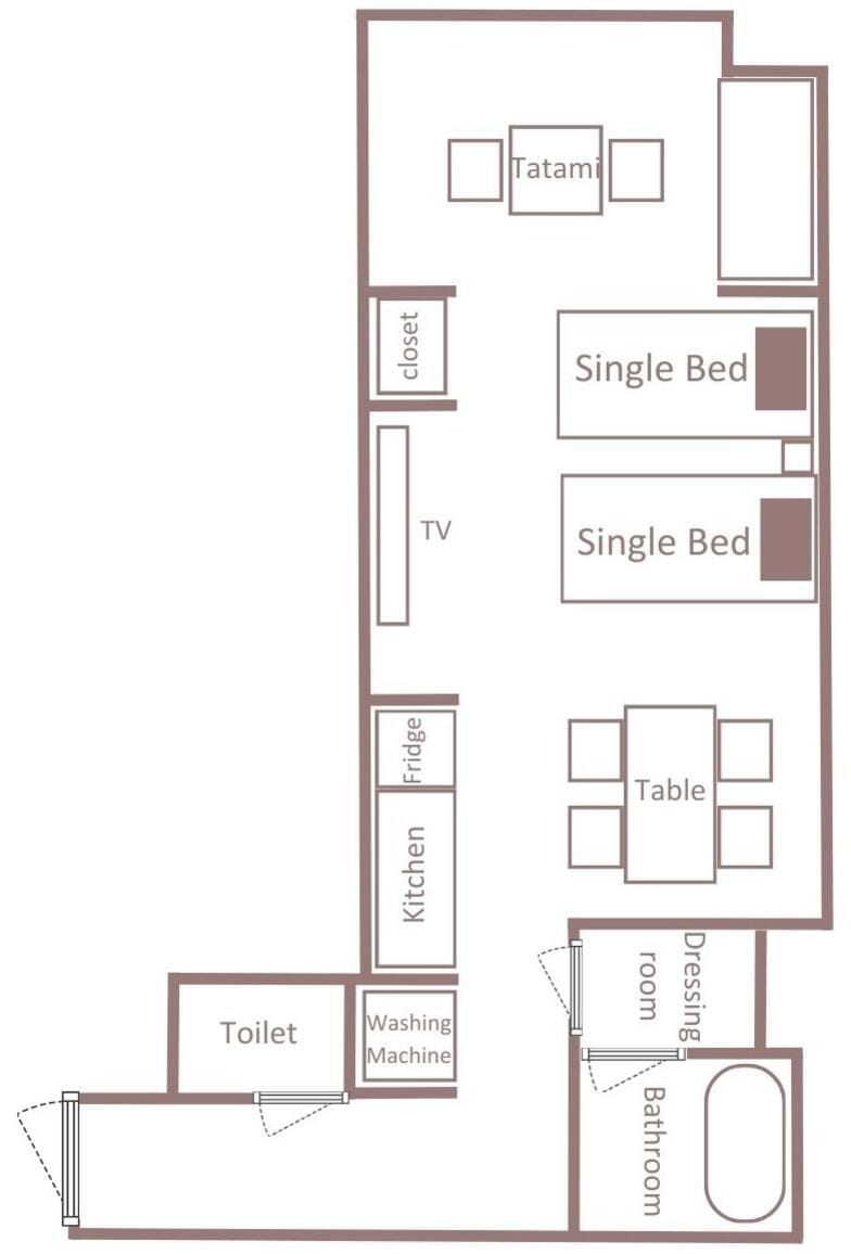 Plano de planta que muestra una cocina, dos camas individuales, un televisor, un armario, una habitación de tatami, un vestidor, un baño y un inodoro.