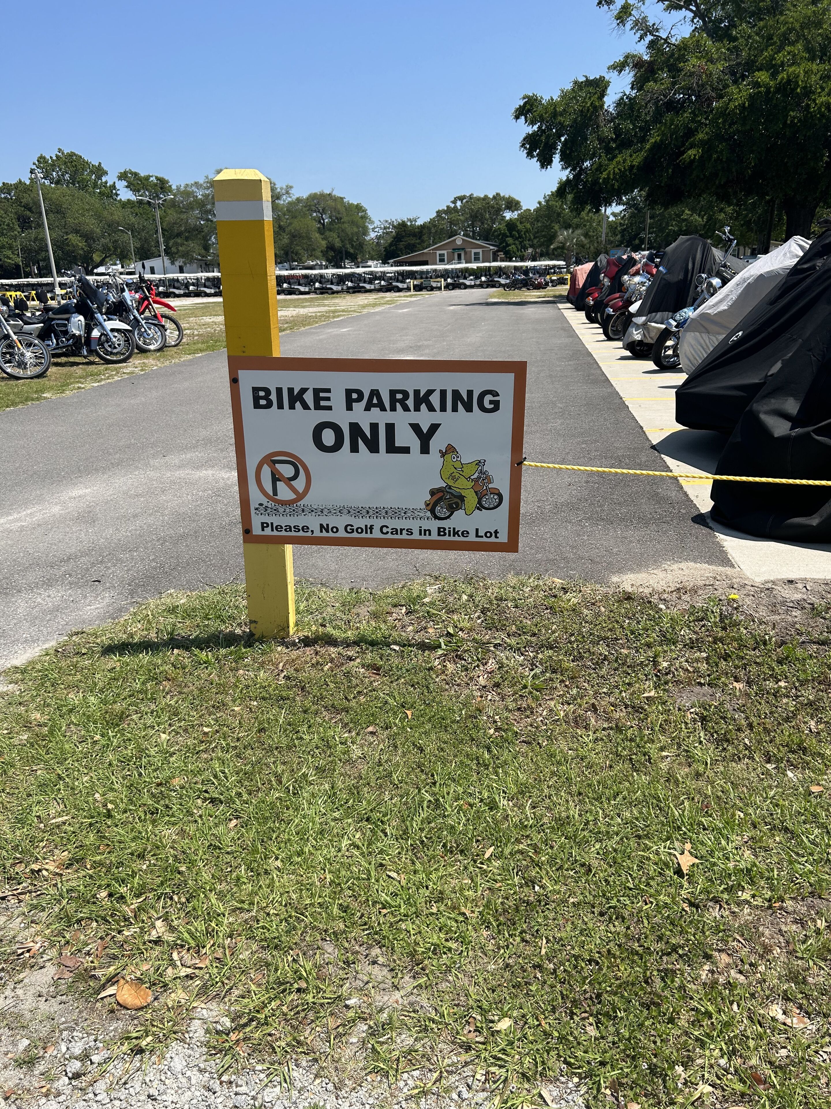 A sign indicating a designated bike parking area with a prohibition for golf carts.