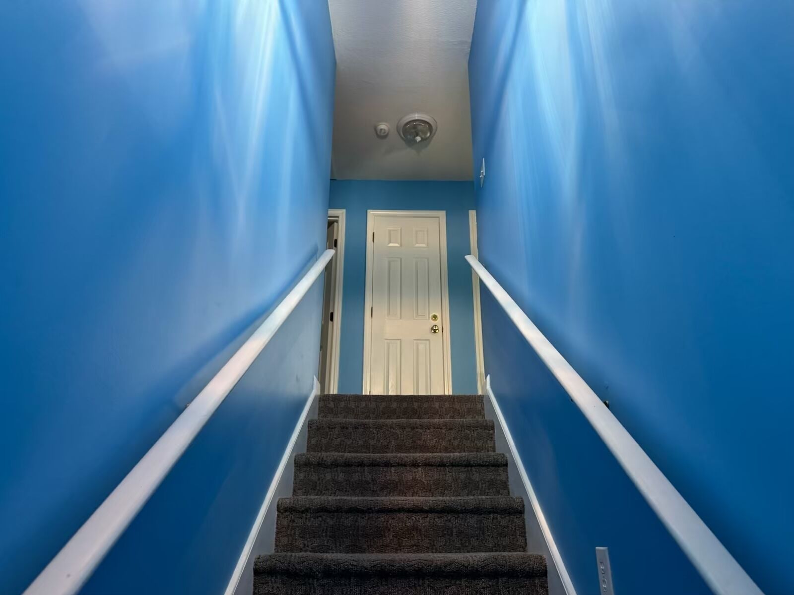 Una escalera con paredes azules y barandillas blancas que lleva a una puerta blanca.