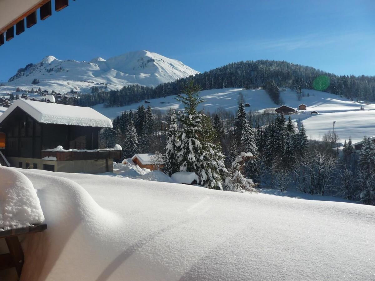 Paisaje nevado con una montaña al fondo y una cabaña de madera en primer plano.