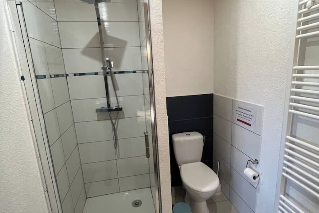A compact bathroom with a glass-enclosed shower, a white toilet, and a towel rack.