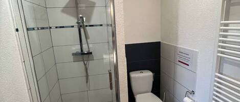 A compact bathroom with a glass-enclosed shower, a white toilet, and a towel rack.