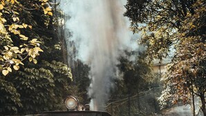 A steam train with two people on the front, traveling on tracks surrounded by greenery. - Home in the lap of nature 
In a peaceful location..... Darjeeling (WB)