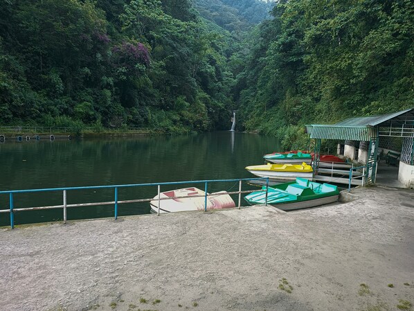 A dock with several colorful boats and a small shelter by a calm river surrounded by dense greenery.