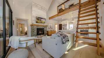 TV, fireplace, books