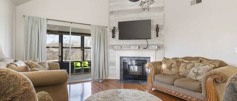 Télévision, cheminée, espaces bureaux