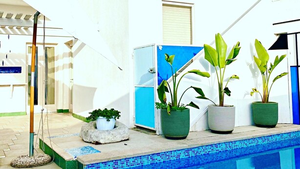 A poolside area with a tiled pool, potted plants, and a white building with a blue door. - Casa Mondrian - Camere con Bagno e Piscina Privata (Tiggiano)