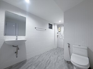 Regadera, secadora de cabello, toallas, papel de baño 