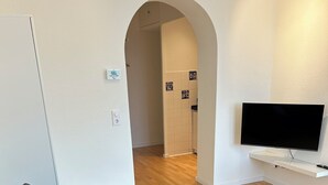 A modern living room with a sofa, a flat-screen TV mounted on a wall, wooden flooring, and an arched doorway leading to another room.