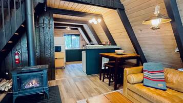 Smart TV, fireplace, books, stereo