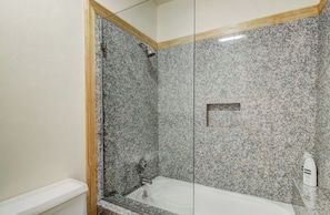 Shower, hair dryer, towels, shampoo