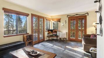 Télévision, cheminée, lecteur de DVD, espaces bureaux