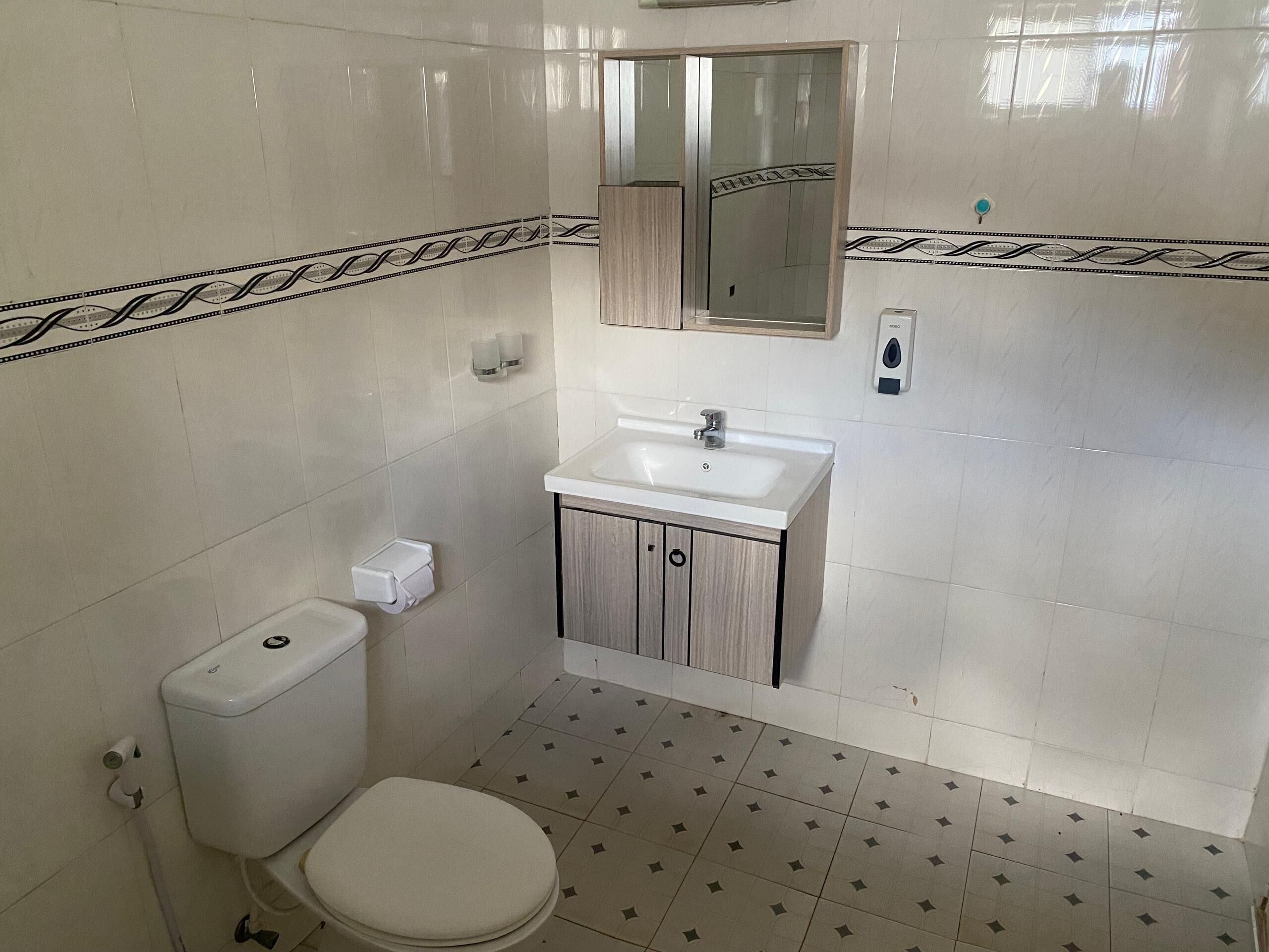 Een kleine badkamer met toilet, wastafel en spiegel.