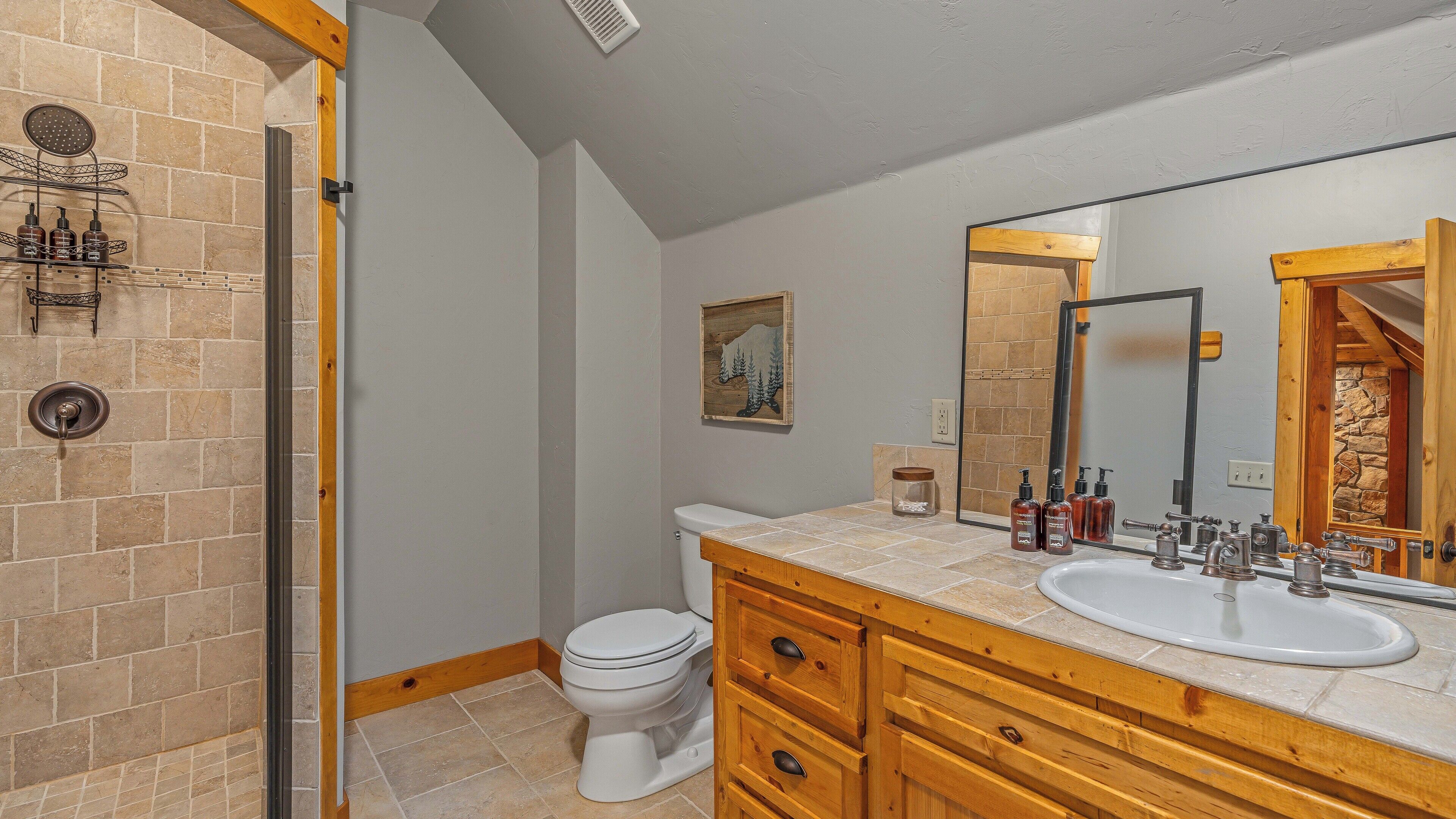 A bathroom with a shower, toilet, vanity with a sink, and a large mirror.