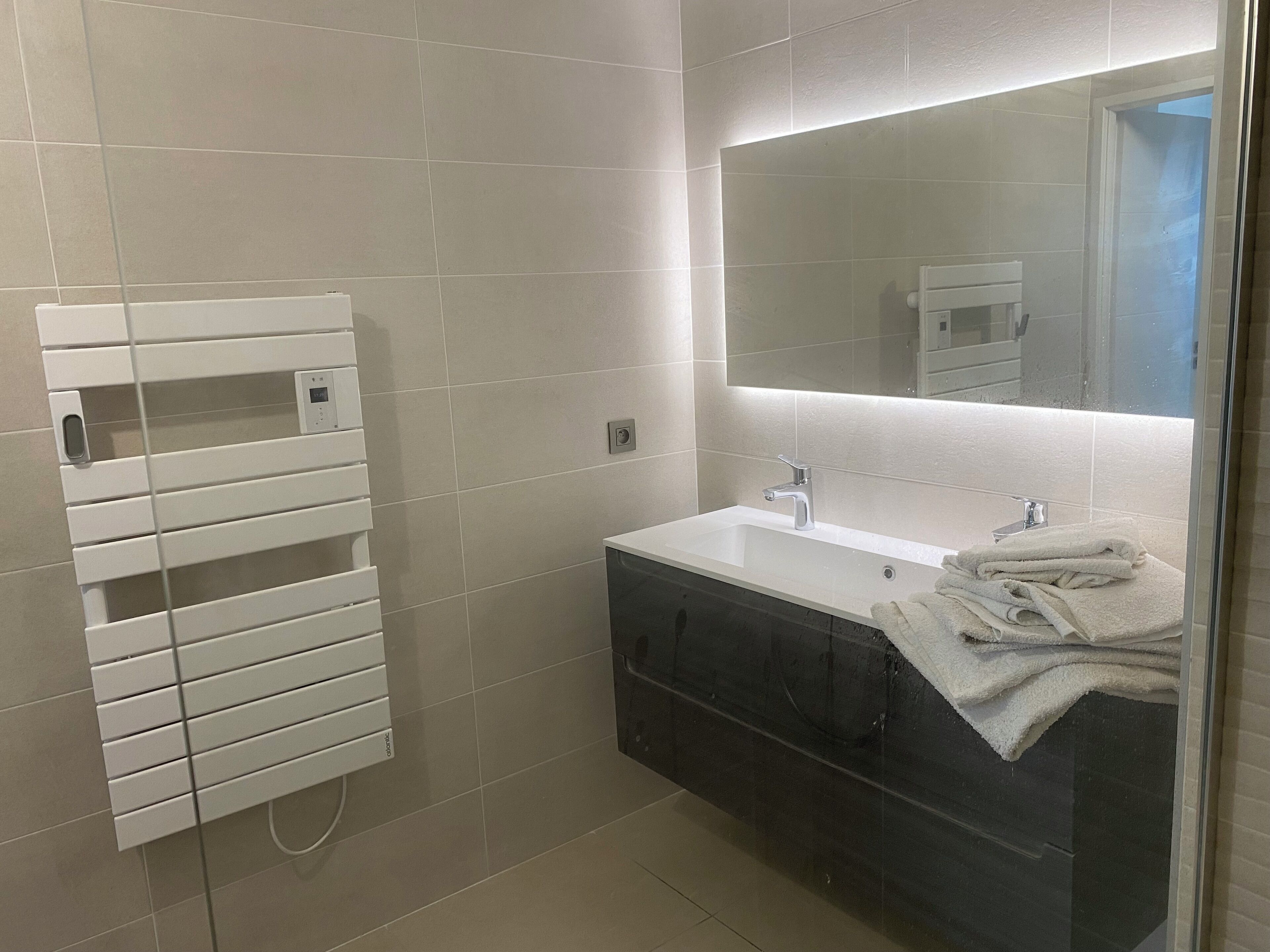 Hair dryer, towels, soap, toilet paper