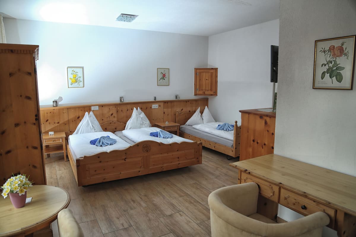 A bedroom with two wooden beds, a wooden desk, a chair, a small table with a potted plant, and a wall-mounted TV.