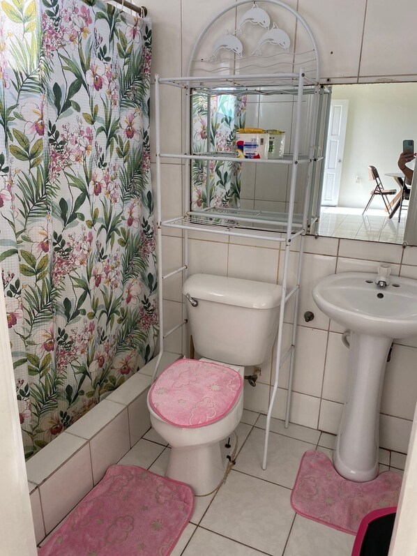 Une salle de bain équipée de toilettes, d’un lavabo et d’une étagère en métal.