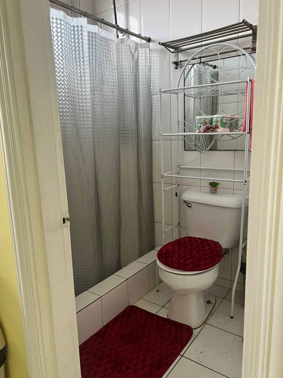 Un baño con ducha, inodoro y un tendedero.