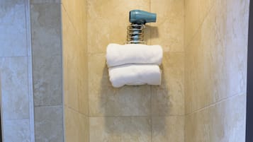 Hair dryer, towels, soap, toilet paper