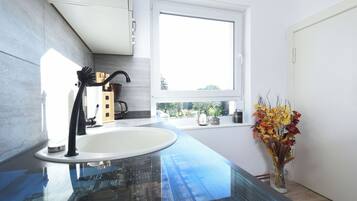 Shower, towels, toilet paper