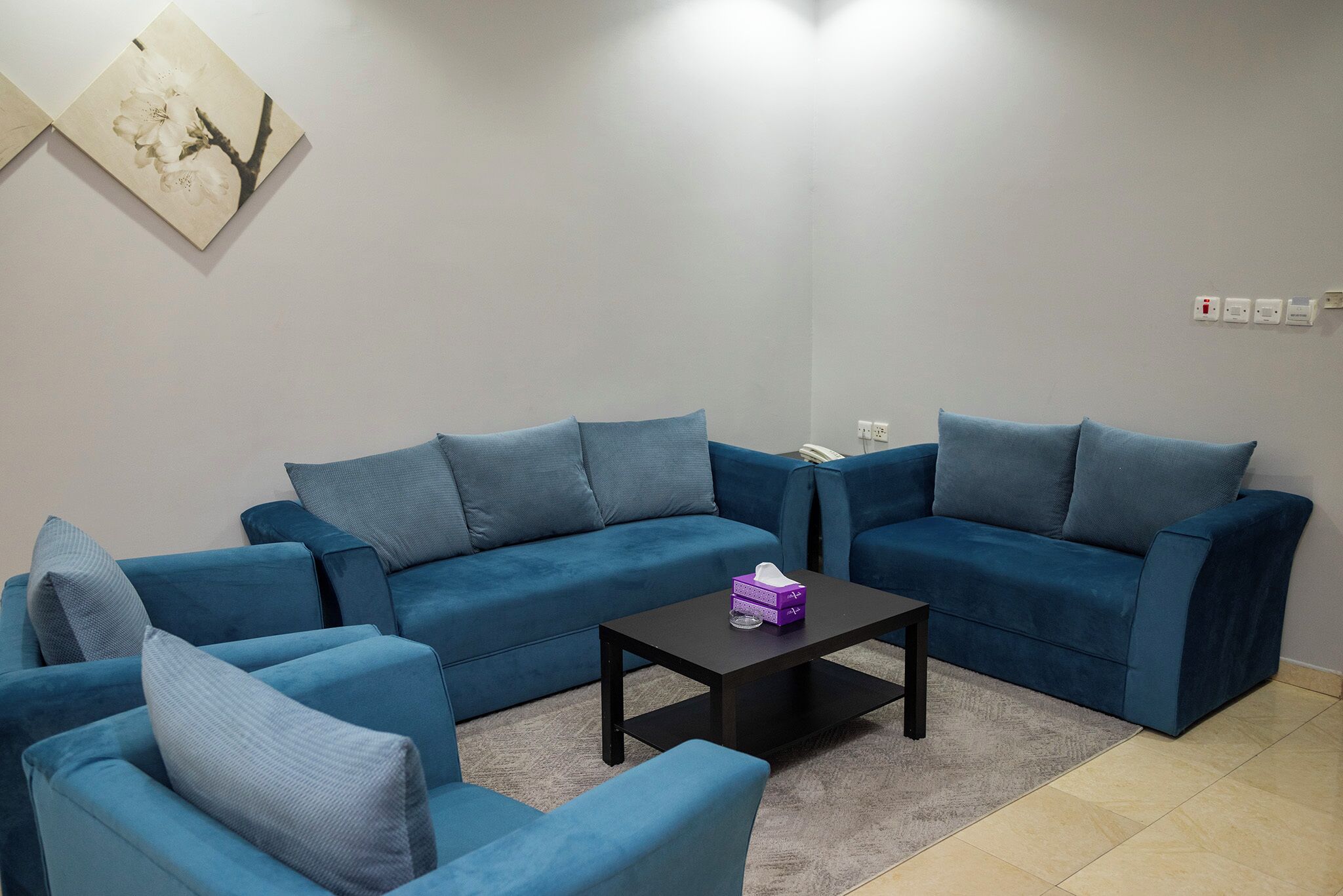 Un salon avec deux canapés bleus, une table basse noire et un tableau accroché au mur.