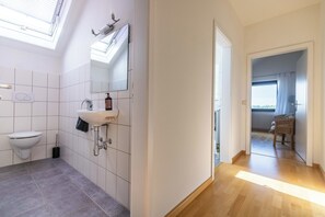 Douche, sèche-cheveux, serviettes fournies, savon