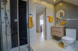 Shower, towels, toilet paper