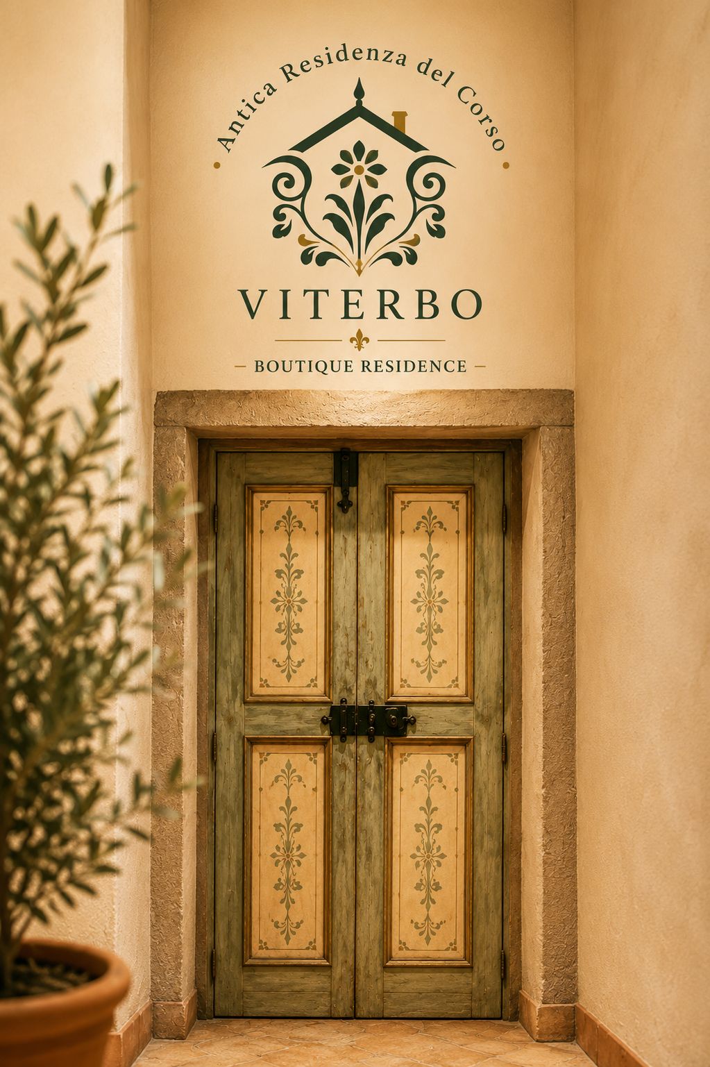 A door with a decorative design and the text 'Antica Residencia del Corso Viterbo - Boutique Residence' above it.