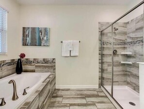 Hair dryer, towels, soap, shampoo